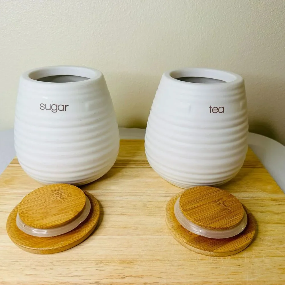 Circo Liquid Lines Ceramic Tea & Sugar Canisters with Bamboo Lids